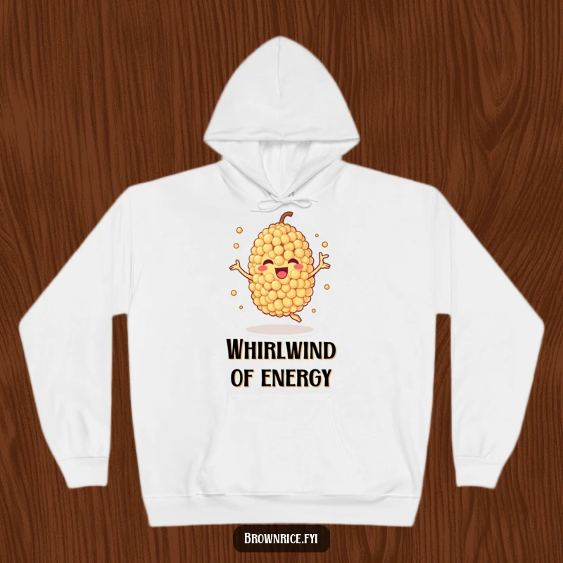 Funny hoodie featuring a joyful quinoa grain character spinning, bringing warmth and playful energy to chilly days.