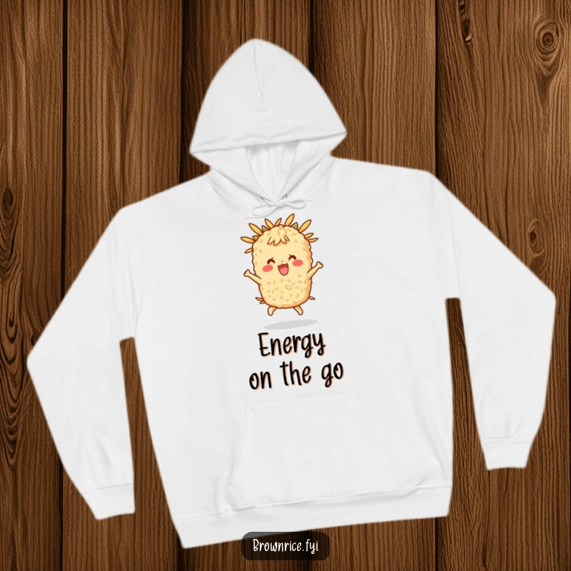 Funny hoodie featuring a happy brown rice character bouncing, perfect for cozy comfort and good cheer.