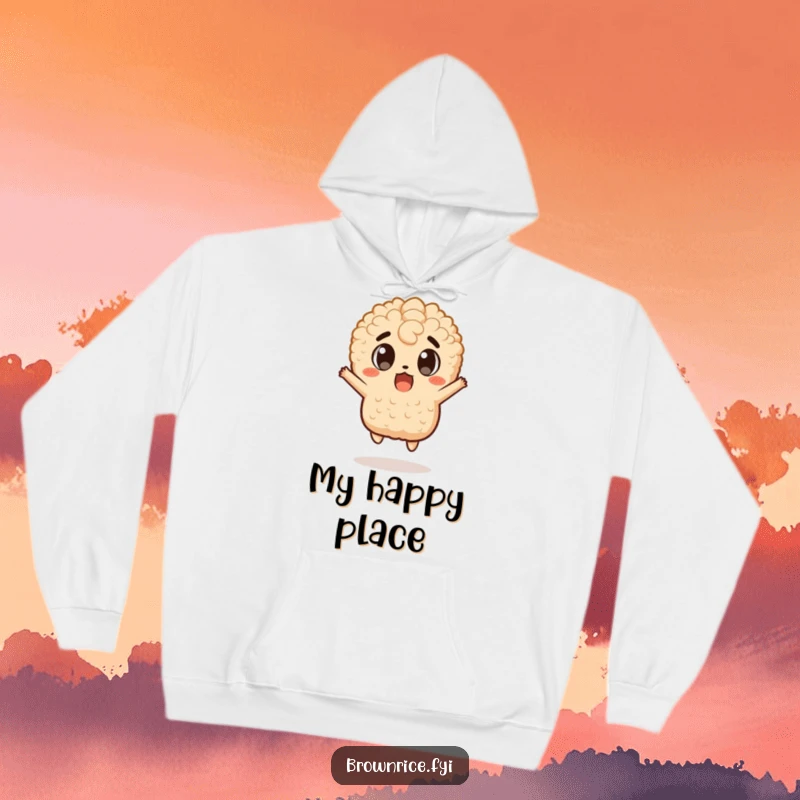Funny hoodie depicting a brown rice character leaping in surprise, wide eyes expressing comical shock, a great funny gift.