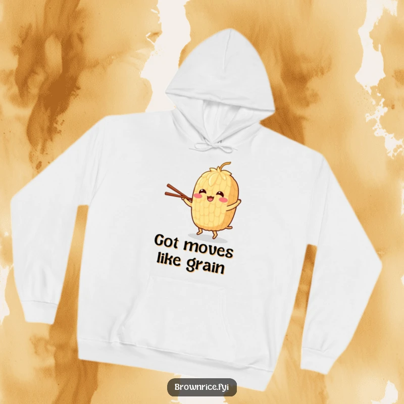 Funny hoodie showcasing a cheerful brown rice grain character dancing with chopsticks, embodying joyful movement.