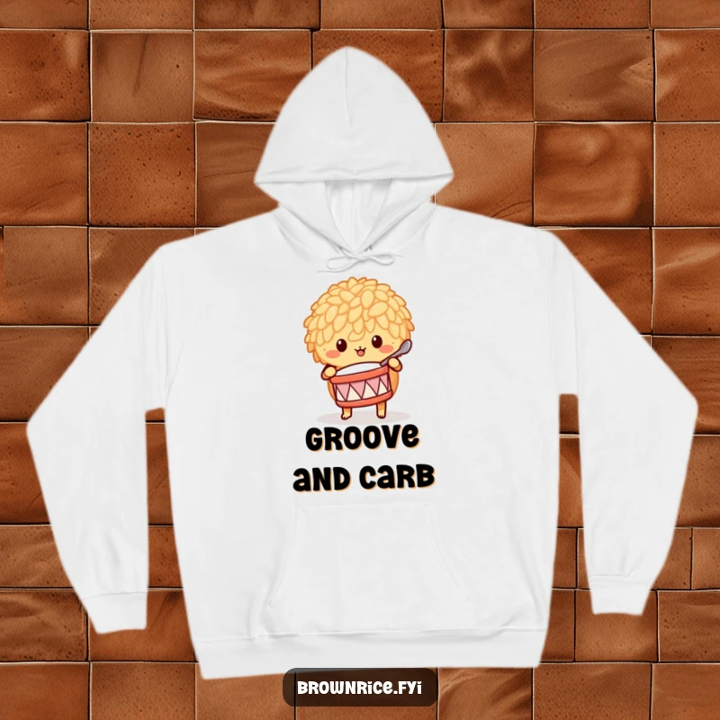 Funny brown rice character drumming with a spoon, depicted on a warm and humorous hoodie design.