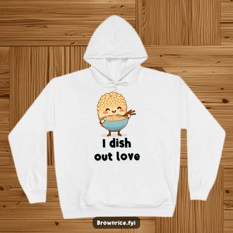 Funny hoodie featuring a nurturing brown rice grain character tenderly serving a steaming bowl, radiating warmth and care.