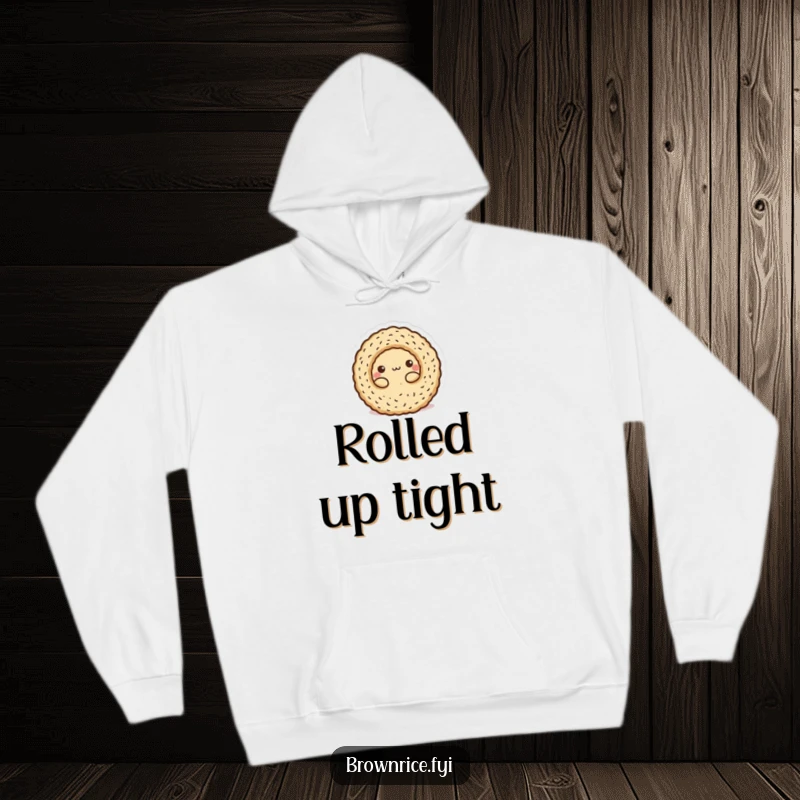 Funny Hoodie: A brown rice character neatly rolled into a round ball, offering cozy comfort and playful vibes.