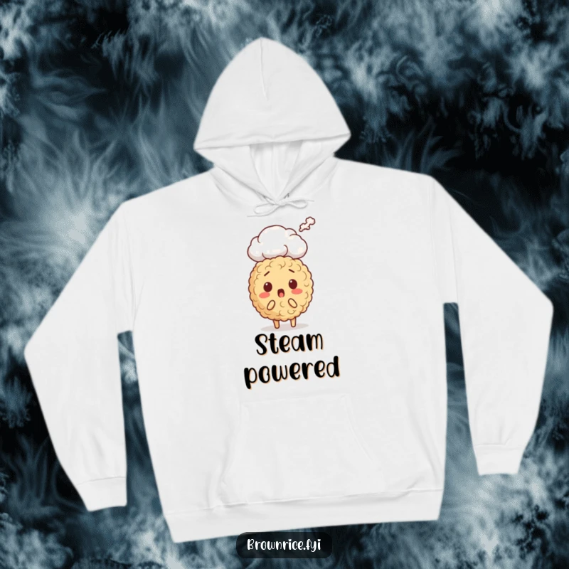 Funny brown rice character hoodie, looking utterly surprised with a large steam cloud billowing around it, offering cozy humor.
