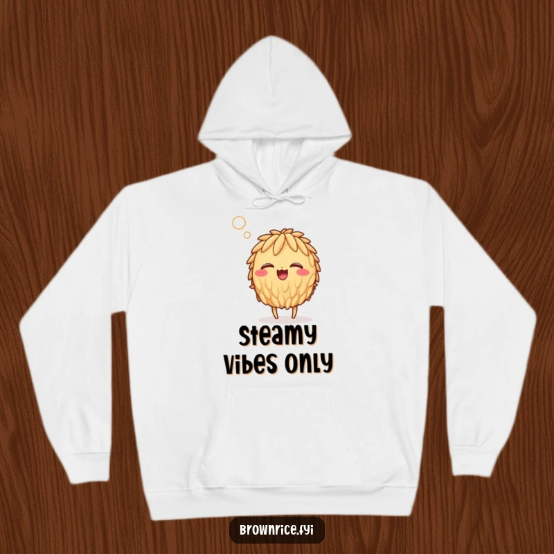 Funny brown rice grain character giggling uncontrollably while caught in a hilarious gust of steam, featured on a cozy hoodie.