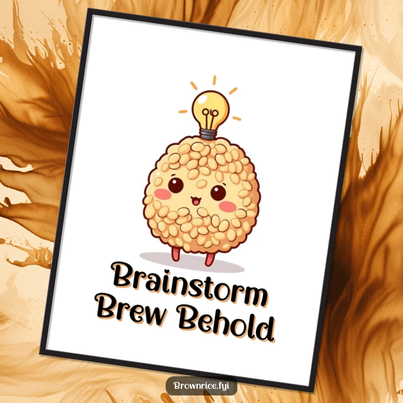 Funny Free Printable Wall Art: A brown rice character has a bright, glowing lightbulb above its head, indicating a great idea.