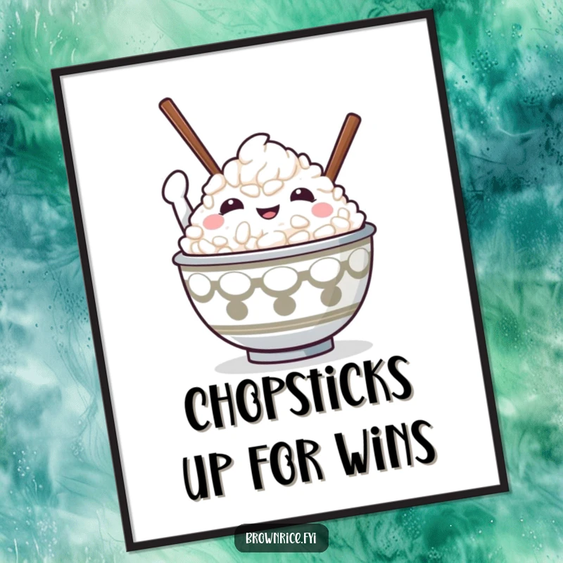 Funny Free Printable Wall Art: A cute bowl of rice character victoriously holds chopsticks high, celebrating achievement with humor.