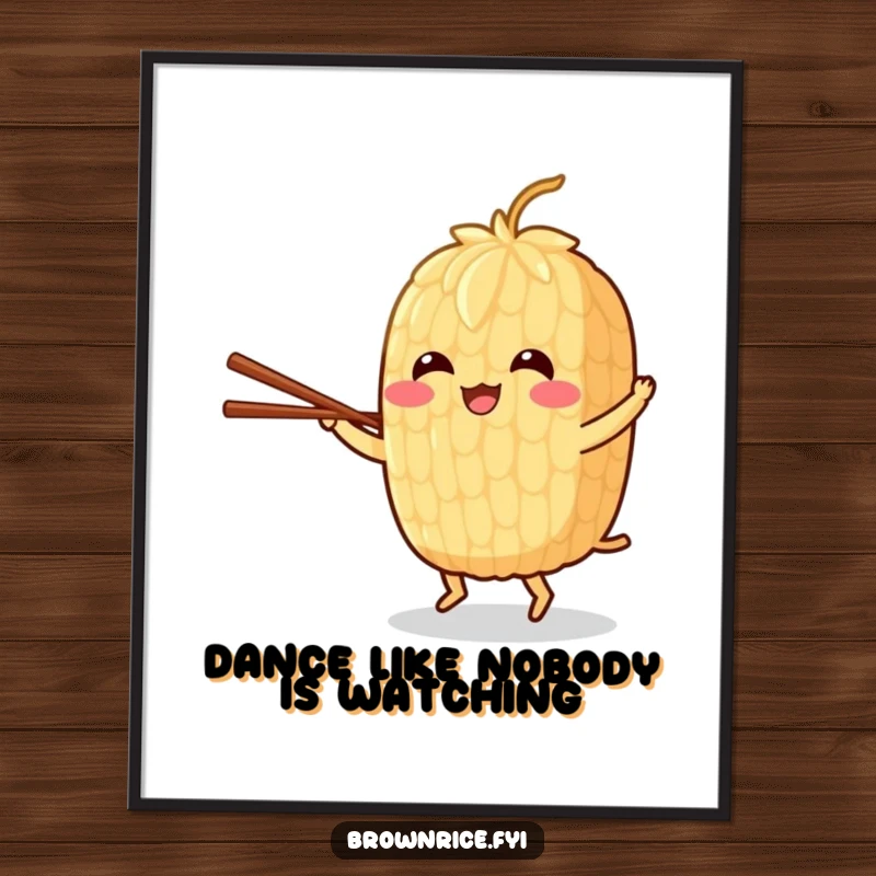 Funny Free Printable Wall Art: A cheerful brown rice grain character dancing energetically with chopsticks. Whimsical downloadable decor.
