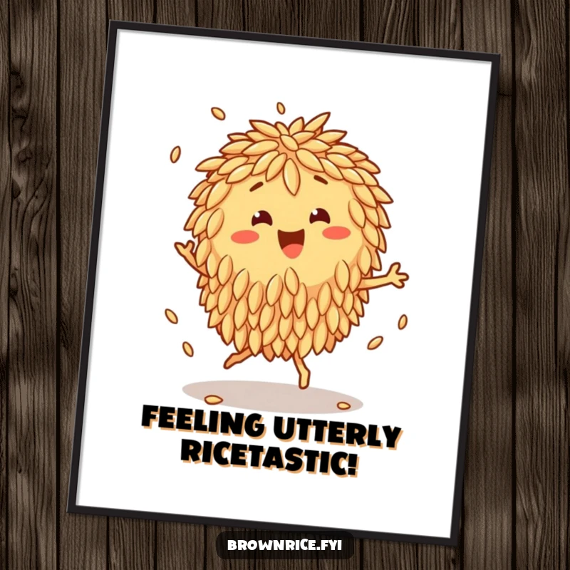 Funny Free Printable Wall Art: A happy brown rice cluster character performing a joyful jig with bouncing grains, adding vibrant energy.