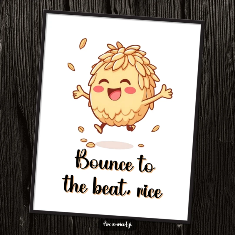 Funny Free Printable Wall Art with an anthropomorphic brown rice character joyfully bouncing a grain, adding quirky and downloadable charm.