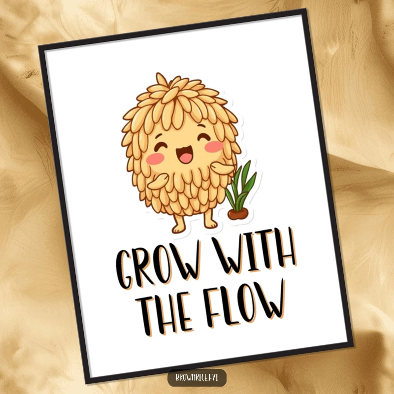 Funny Free Printable Wall Art: Brown rice character looks overjoyed at a plentiful and healthy harvest, radiating positivity.