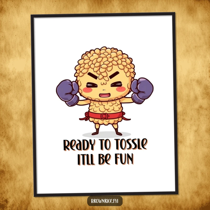Funny Free Printable Wall Art: Brown rice character wearing boxing gloves, poised and ready to fight, dynamic art.