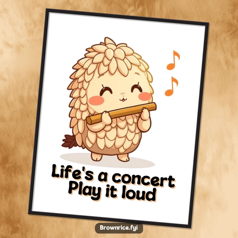 Funny Free Printable Wall Art: A brown rice character happily plays a tiny flute, creating a cheerful and humorous visual.