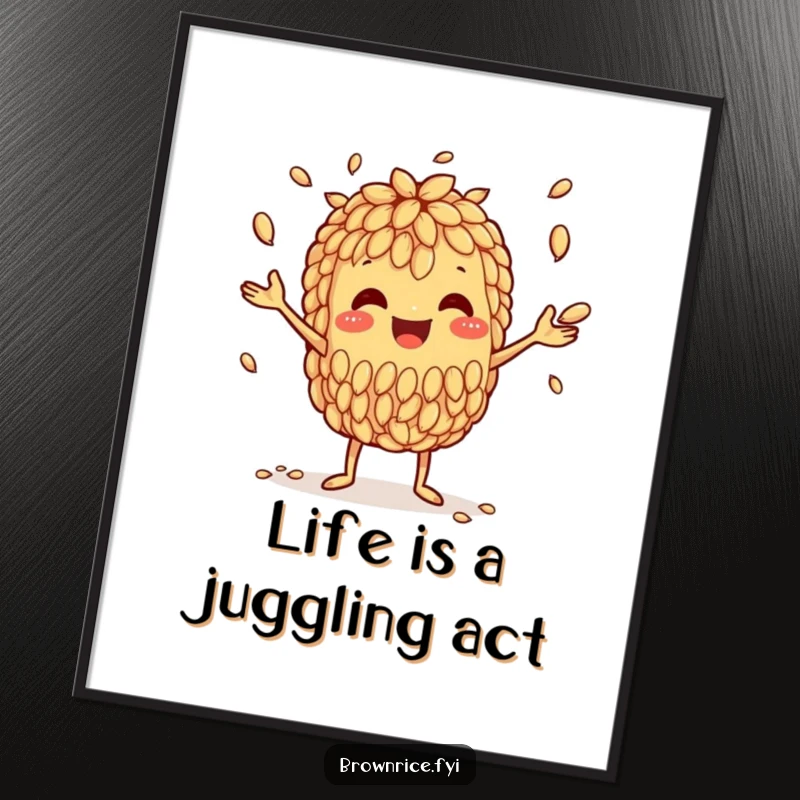 Funny Free Printable Wall Art: A happy brown rice grain character juggling many smaller grain pieces. Unique downloadable decor.