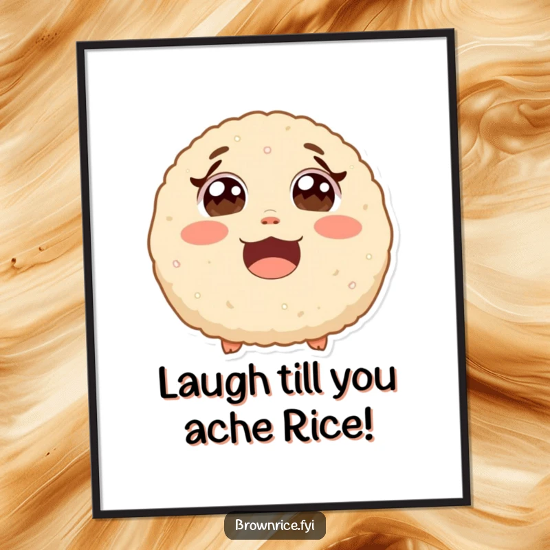 Funny Free Printable Wall Art: A surprised brown rice ball with eyes wide open from laughter. Uplifting decor.