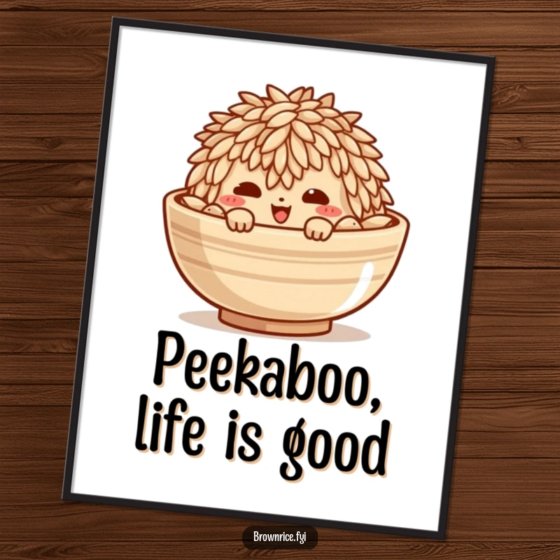 Funny Free Printable Wall Art: Mischievous brown rice grain character peeking slyly from the edge of a bowl. Whimsical downloadable decor.