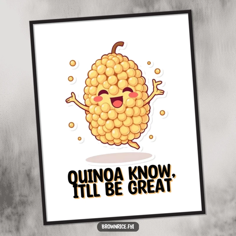 Funny Free Printable Wall Art of an anthropomorphic quinoa grain character spinning energetically with joyful abandon.