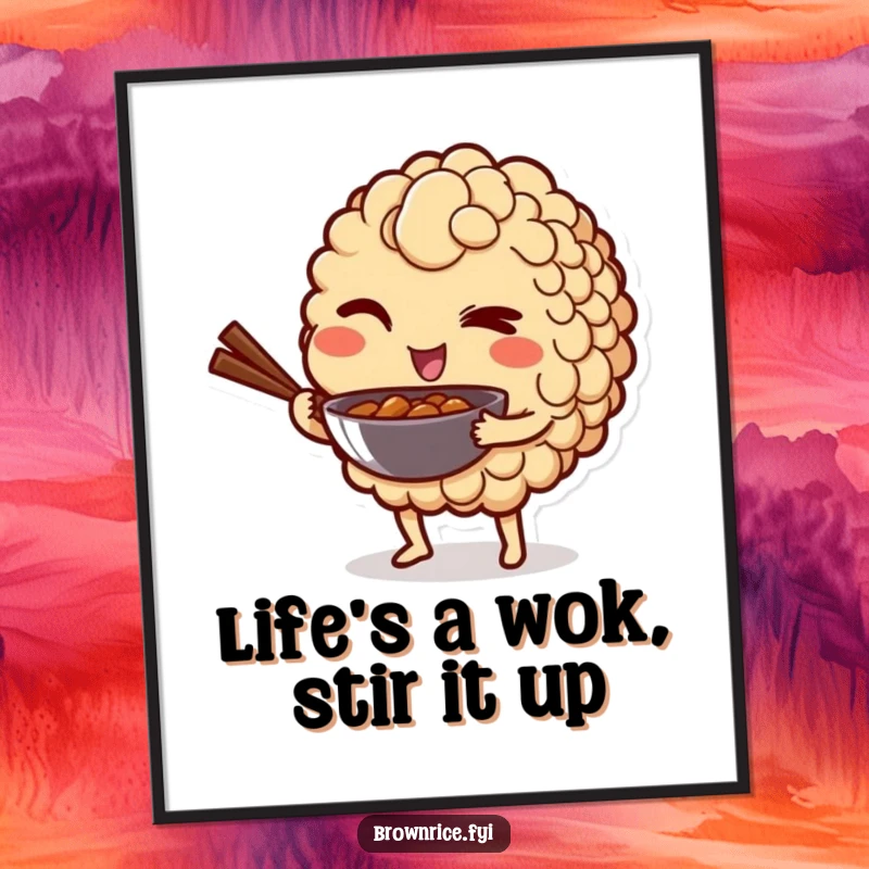 Funny Free Printable Wall Art: A brown rice character winks slyly while holding a miniature wok.