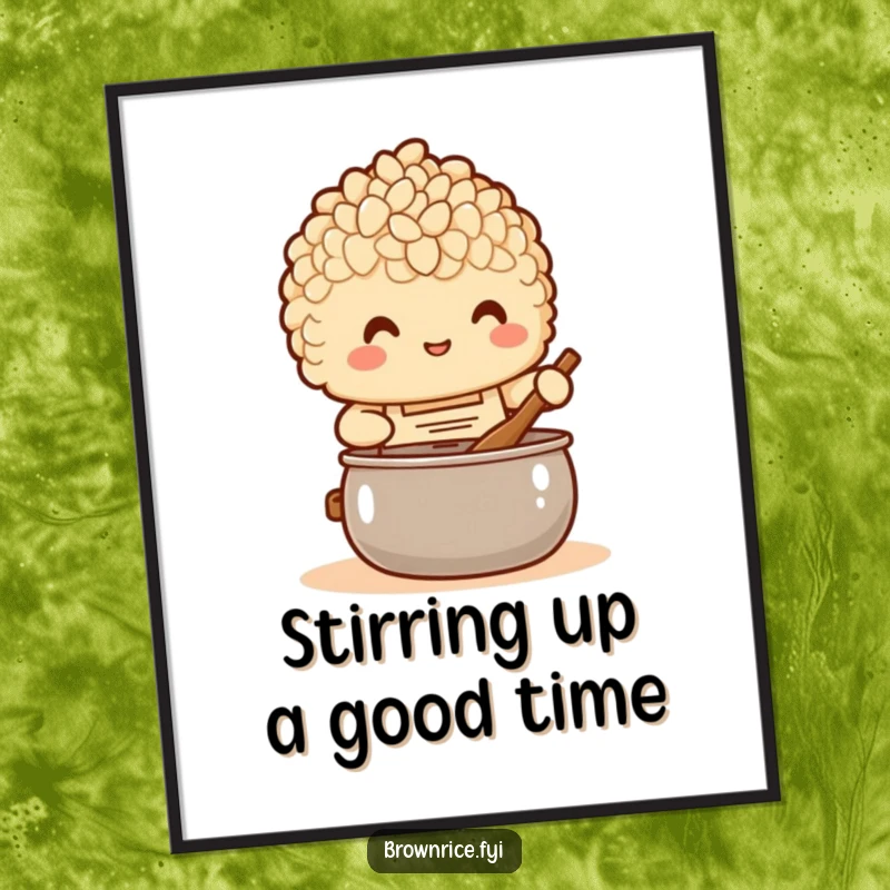 Funny Free Printable Wall Art: Brown rice character in apron happily stirring a pot, kitchen decor.