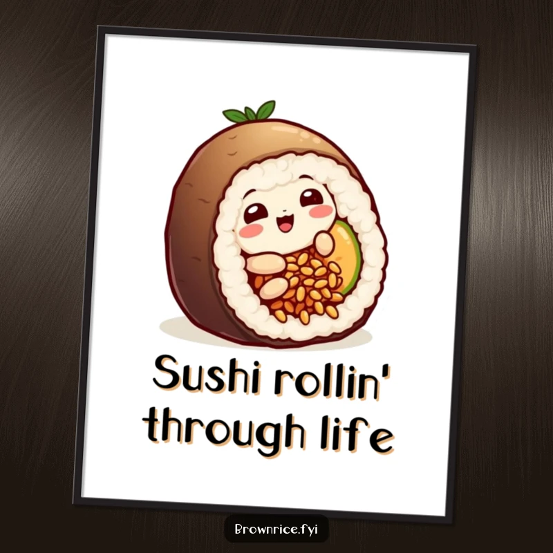 Funny Free Printable Wall Art: A playful brown rice grain character mid-slide, diving headfirst into a sushi roll.