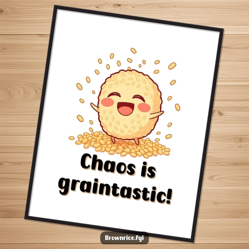 Funny Free Printable Wall Art: A laughing brown rice character trips, scattering grains in a playful explosion, adding whimsical charm.