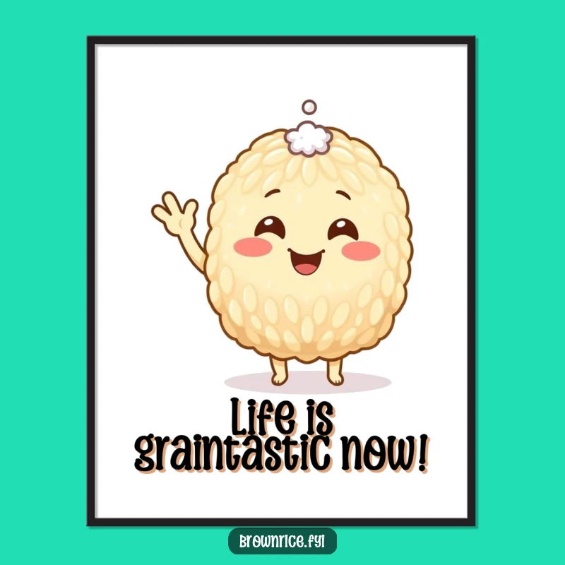 Funny Free Printable Wall Art: Waving Brown Rice Grain, Whimsical Downloadable Art for a Cheerful Home Decor