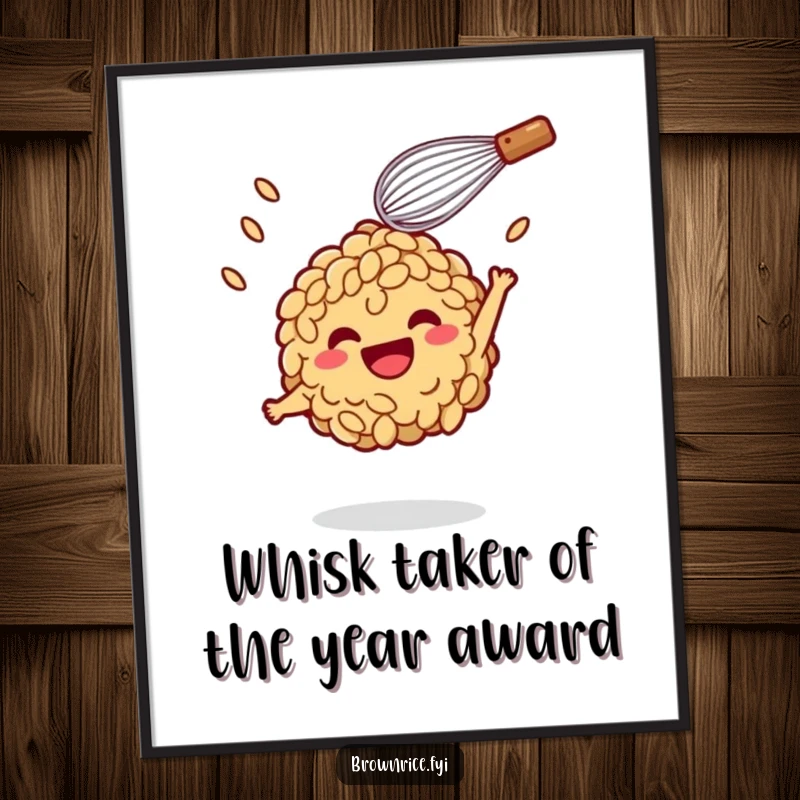 Funny Free Printable Wall Art: Smiling whisk playfully tossing a happy brown rice character in the air, kitchen decor.