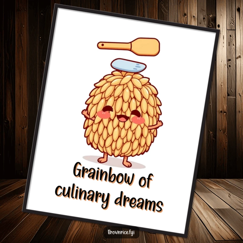 Funny Free Printable Wall Art: Anthropomorphic Brown Rice Grain Balancing a Tiny Spatula on its Head, Whimsical Kitchen Decor