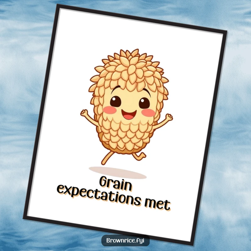 Funny Free Printable Wall Art: A smiling brown rice grain character performing a little celebratory hop. Whimsical downloadable decor.