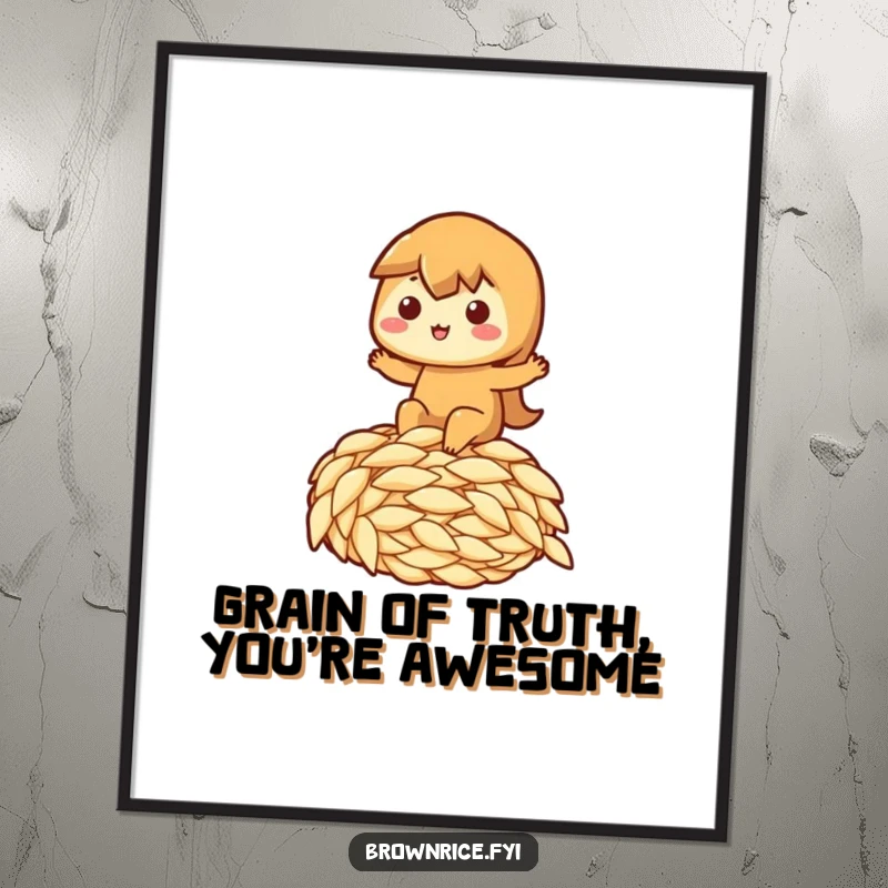 Funny Free Printable Wall Art: Brown rice character happily riding a giant grain of rice, a whimsical and fun decor piece.