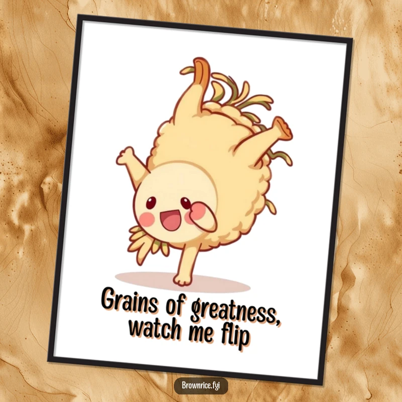Funny Free Printable Wall Art: Brown rice character doing a cheerful somersault, bringing energetic joy and humor to any room, downloadable art.