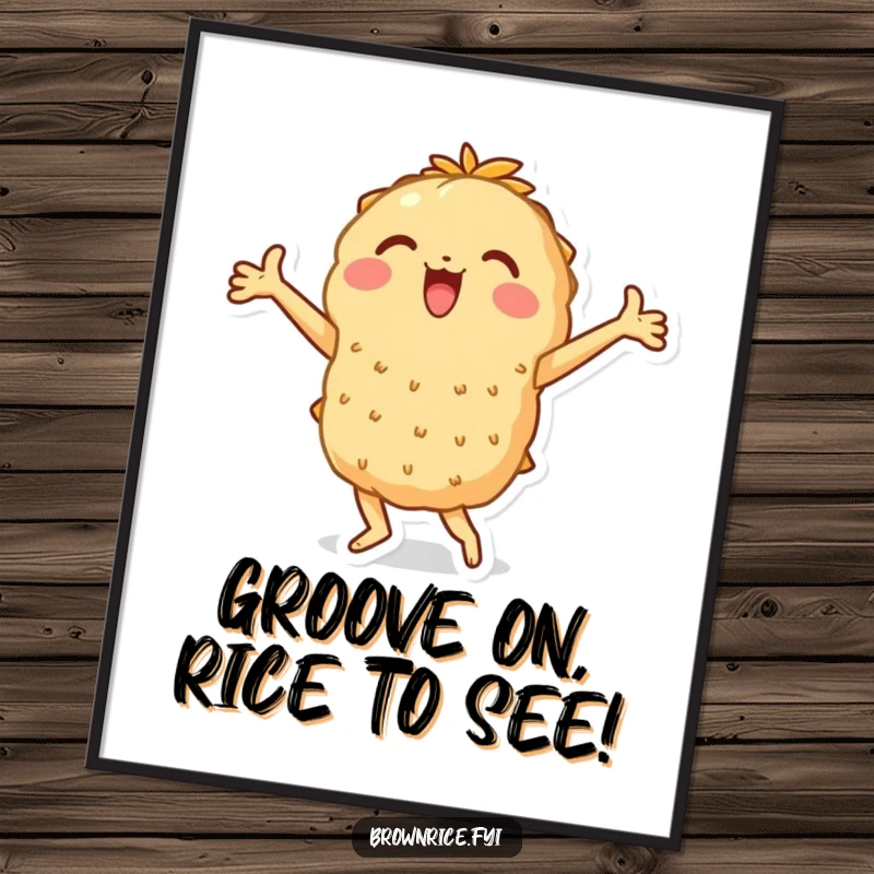 Funny Free Printable Wall Art: Brown rice character performing a joyful dance with arms flair, adding vibrant decor.