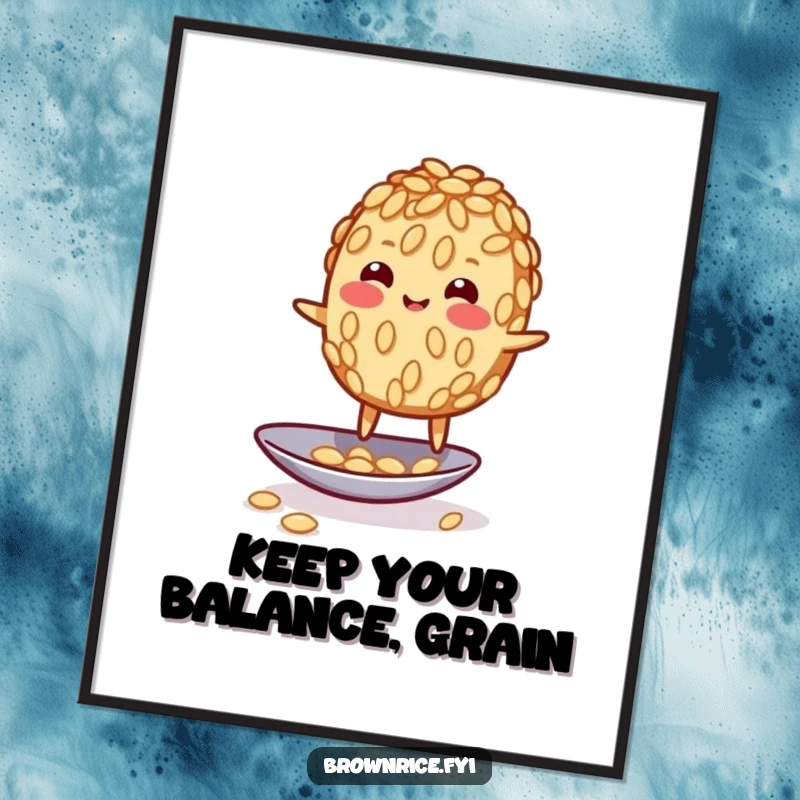 Funny Free Printable Wall Art: A comical brown rice grain character wobbling precariously while balancing on a shiny spoon.