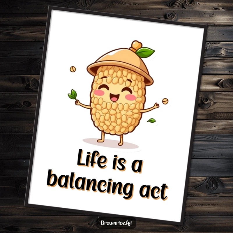Funny Free Printable Wall Art: A happy brown rice grain character with a hat, juggling small sprouts with a playful and cheerful demeanor.