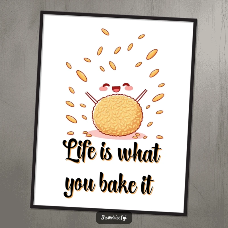 Funny Free Printable Wall Art: A happy brown rice ball tossing rice grains joyfully in the air. Energetic design.