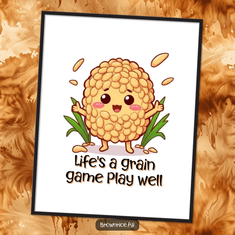 Funny Free Printable Wall Art: Brown rice character gleefully juggling various types of rice grains.