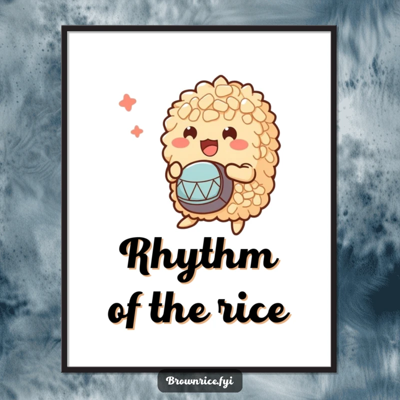 Funny Free Printable Wall Art: A small clump of brown rice characters enthusiastically playing tiny drums, creating a musical vibe.
