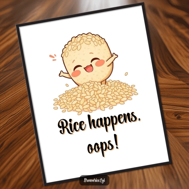 Funny Free Printable Wall Art: Brown rice character comically slipping on spilled rice, adding humorous decor.