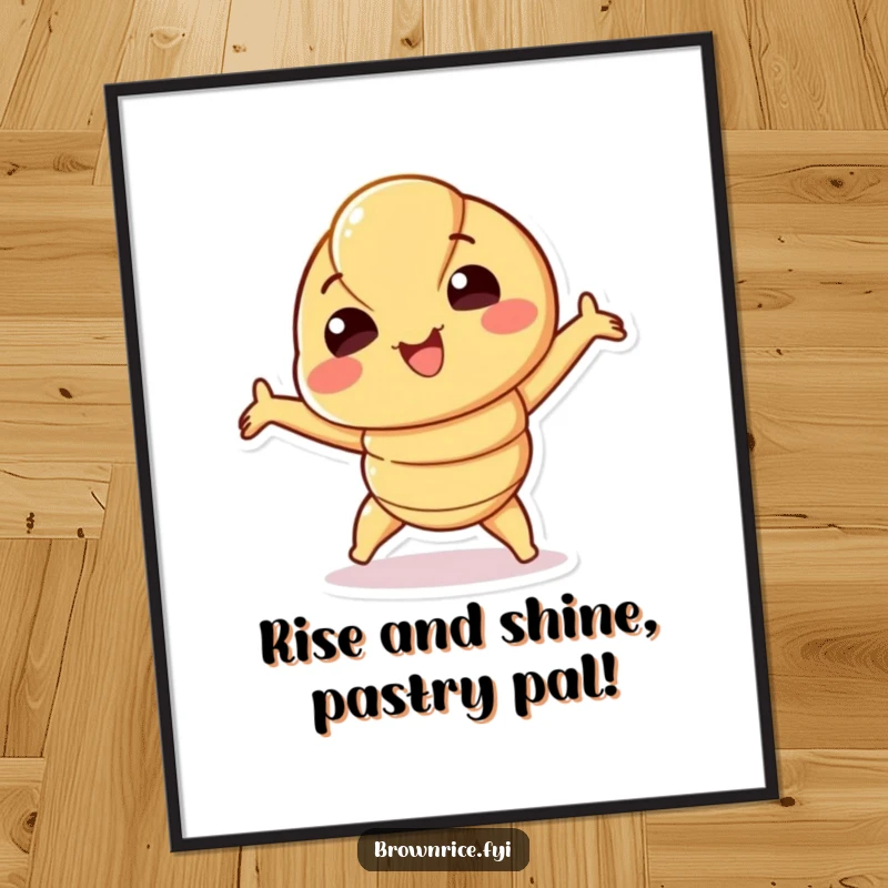 Funny free printable wall art of a smiling croissant character playfully stretching, bringing a warm, buttery glow and quirky charm to any room.