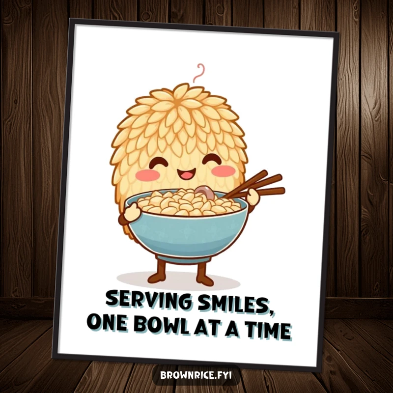Funny Free Printable Wall Art: Anthropomorphic rice grain gently offering a steaming bowl, exuding warmth, care, and delicious comfort.