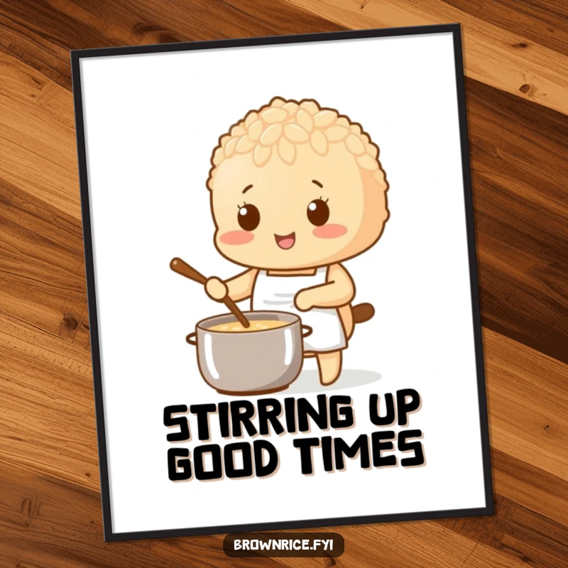 Funny Free Printable Wall Art featuring a brown rice character in an apron stirring a pot, offering a delightful and downloadable culinary theme.