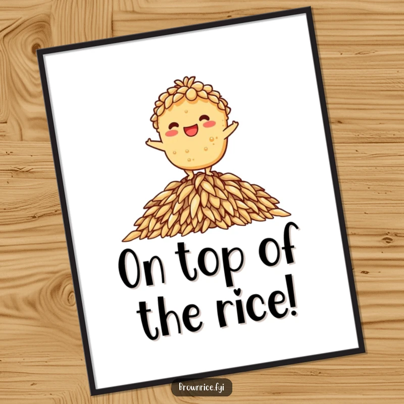 Funny Free Printable Wall Art: Brown rice character grinning while balancing on a pile of rice, a humorous decor piece.
