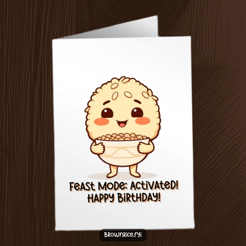 Funny Free Printable Birthday Card: Brown rice character proudly holds a bowl, beaming with a smile about their creation.
