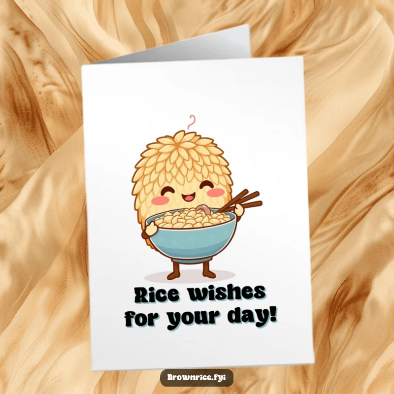 Funny Free Printable Birthday Card: Anthropomorphic rice grain gently offering a steaming bowl with a look of utmost care and kindness.