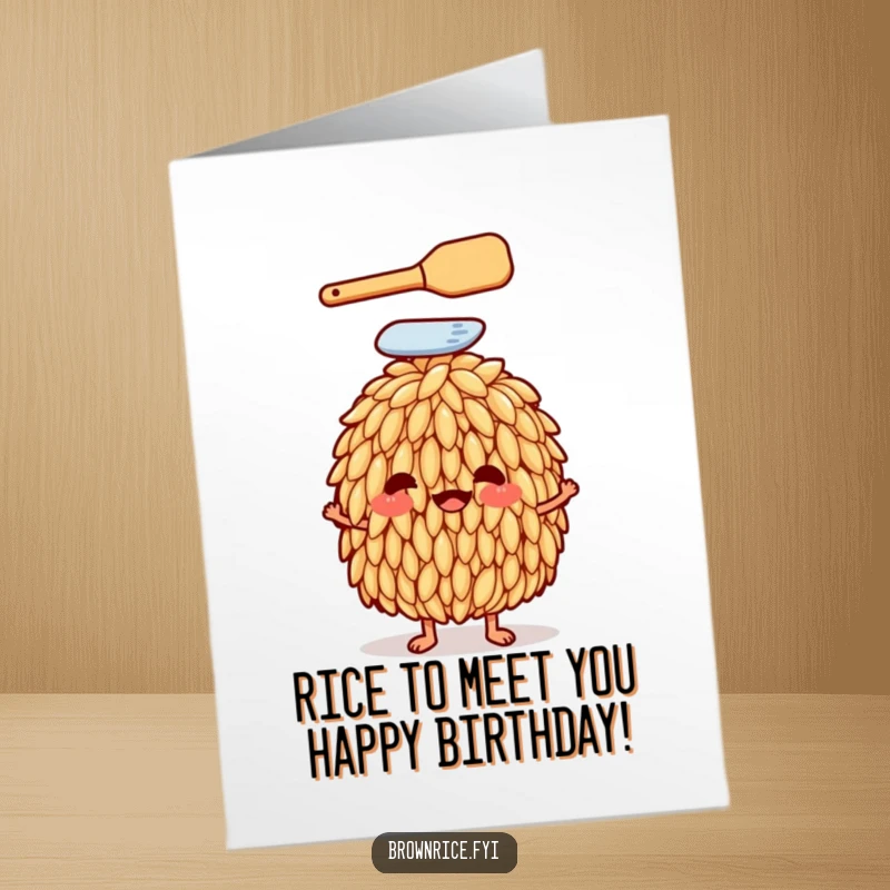 Funny Free Printable Birthday Card: Anthropomorphic Brown Rice Grain Balancing Spatula on Head, Culinary Birthday