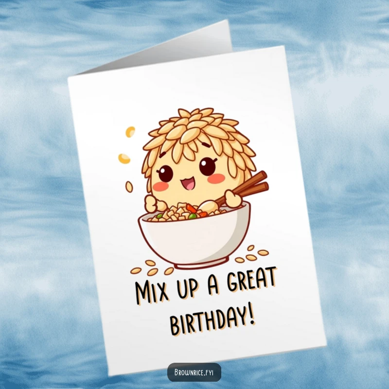 Funny Free Printable Birthday Card: A happy brown rice grain character is enthusiastically mixing ingredients in a bowl, ready for a celebration.