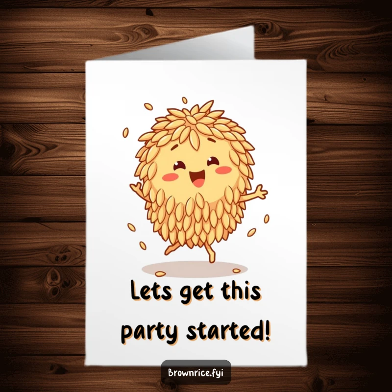 Funny Free Printable Birthday Card: A happy brown rice cluster character performing a joyful jig, grains bouncing joyfully for a festive occasion.
