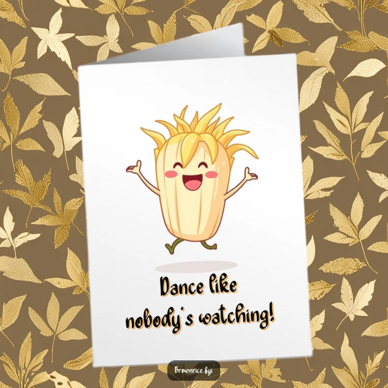 Funny Free Printable Birthday Card: A grinning stalk of rice character joyfully dancing with wild, happy abandon on a birthday.