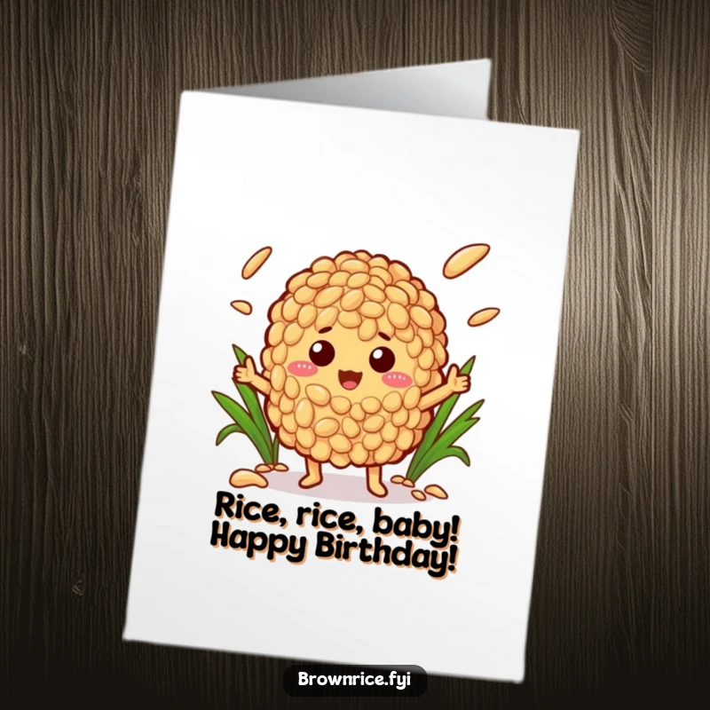 Funny Free Printable Birthday Card: Brown rice character happily juggling grains of rice with a joyful expression.