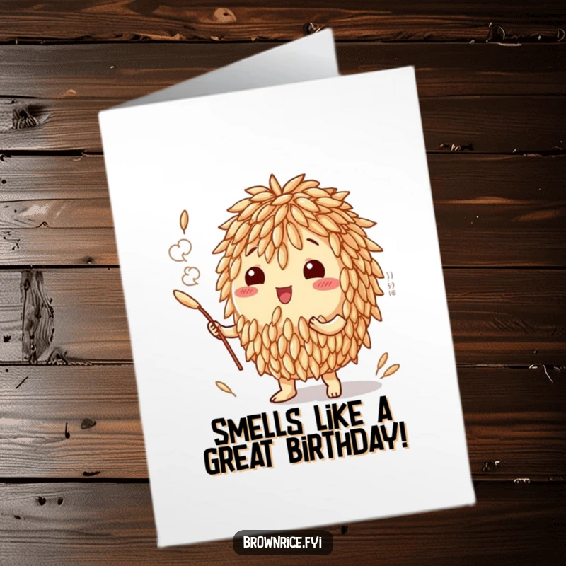 Funny Free Printable Birthday Card: Anthropomorphic rice grain conjuring a delightful aroma cloud, hinting at delicious birthday treats.